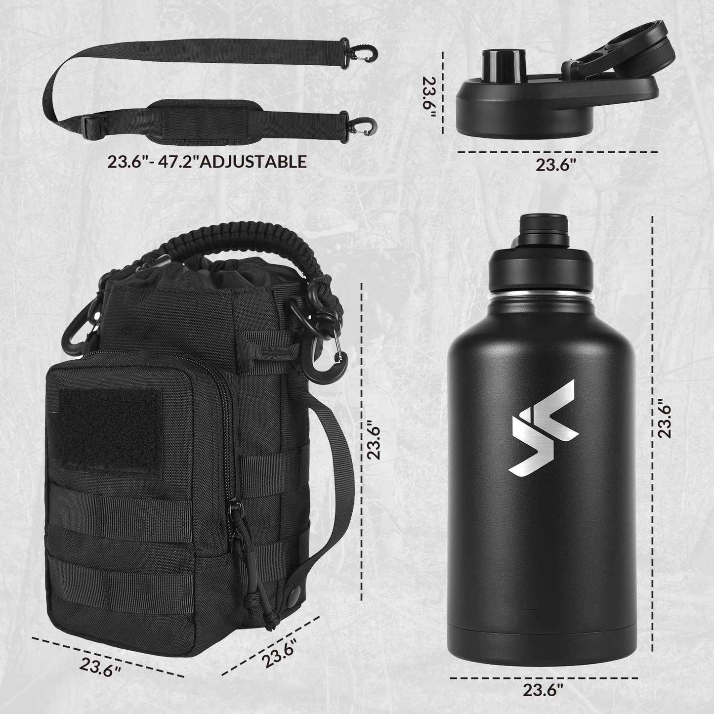 Votagoo 64Oz Half Gallon Stainless Steel Insulated Tactical Water Bottle with Metal Military Water Bottle Tactical Carrier Bag
