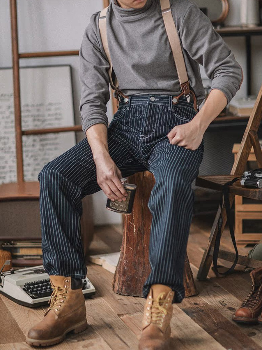 デリックマン NAVY PIN STRIPE × INDIGO DENIM 32 Blue Blanket IJ1 JP03 Waist Overall - 11oz Japanese Dark Indigo